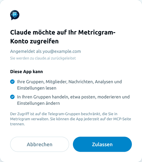 Der Zustimmungsbildschirm von Metricgram