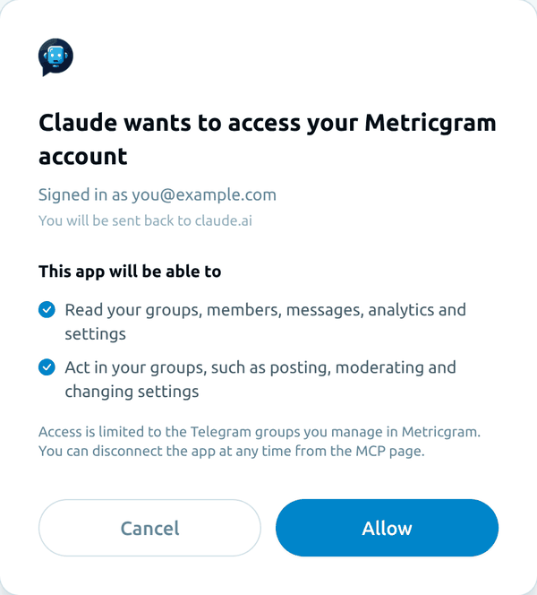 The Metricgram consent screen