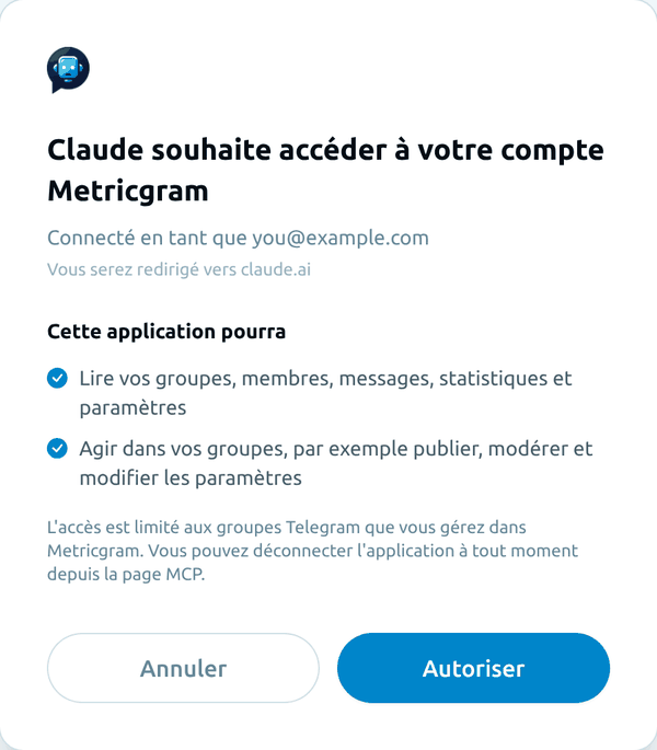 L'écran de consentement de Metricgram