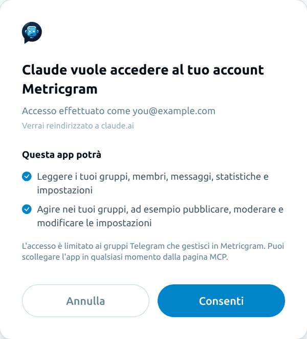 La schermata di consenso di Metricgram