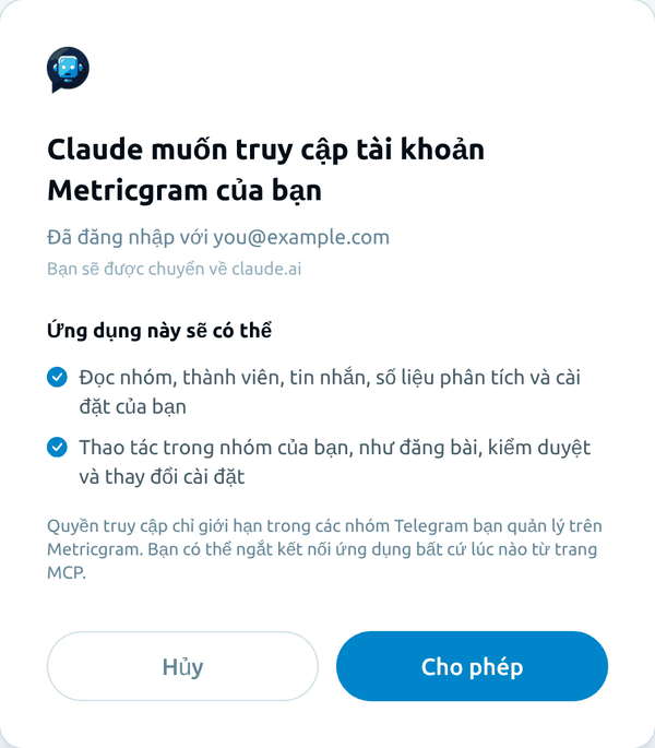 Màn hình đồng ý của Metricgram