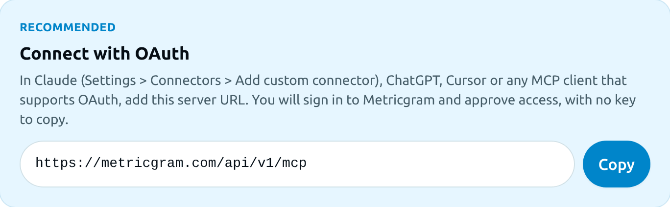 The MCP server URL on the Integrations > MCP page