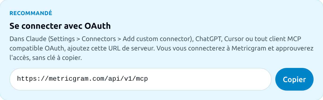 L'URL du serveur MCP sur la page Intégrations > MCP