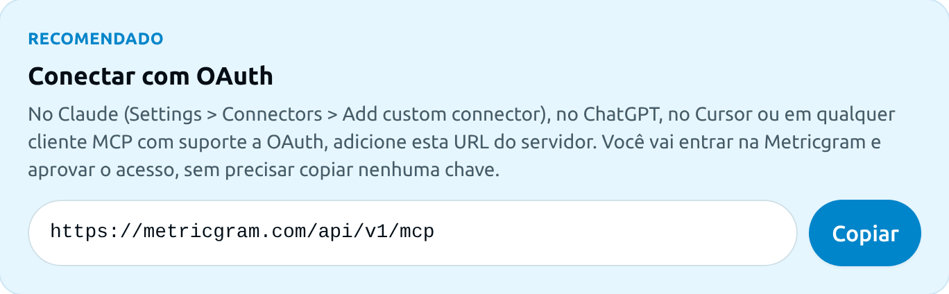 A URL do servidor MCP na página Integrações > MCP
