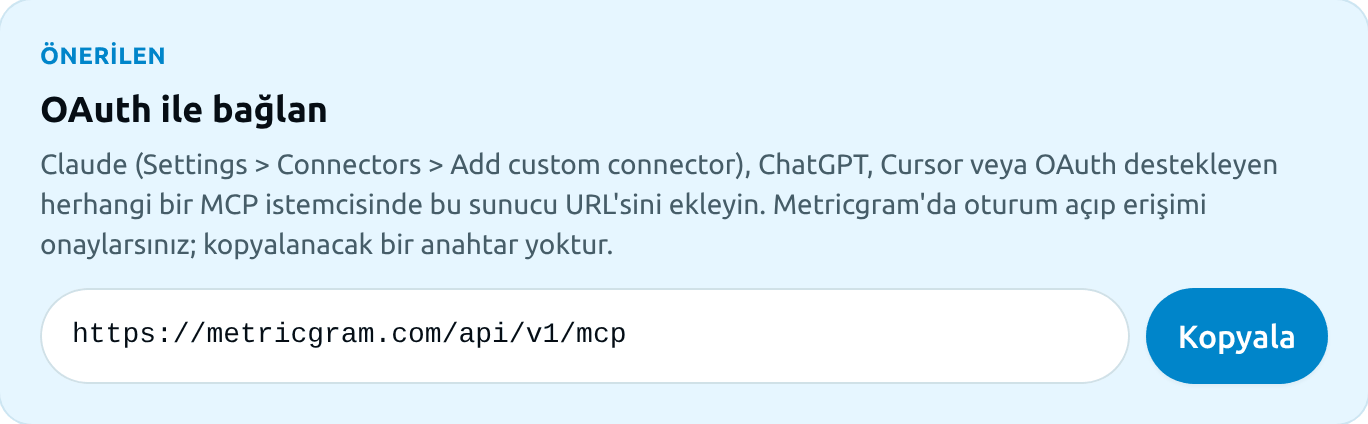Entegrasyonlar > MCP sayfasındaki MCP sunucu URL'si